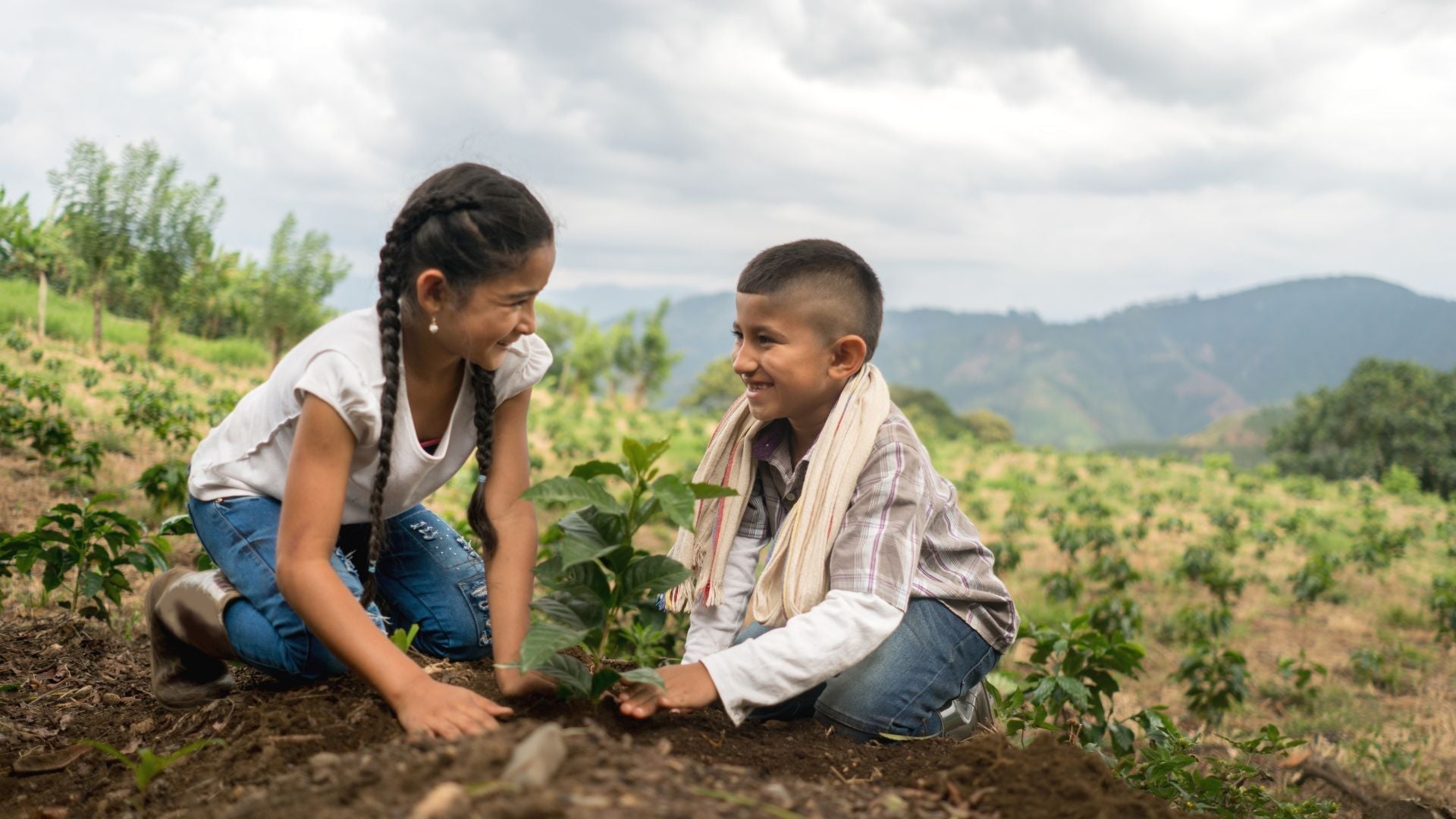 Children planting trees to offset carbon emissions—echoing ecoHiny’s commitment to reforestation and environmental responsibility