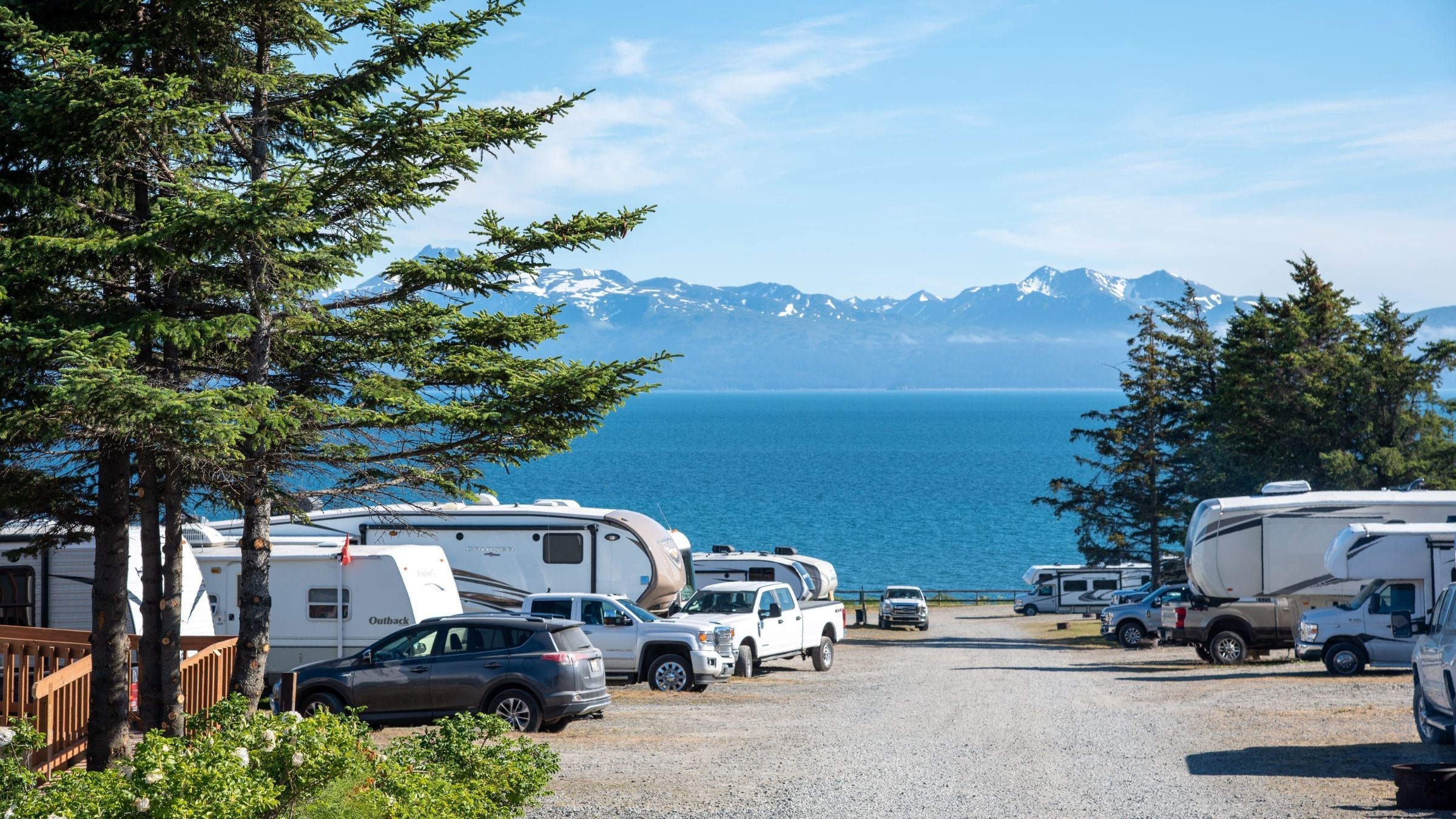 Eco-conscious RV travel campground overlooking a pristine lake and snow-capped mountains—pair perfectly with RV-safe toilet paper like ecoHiny