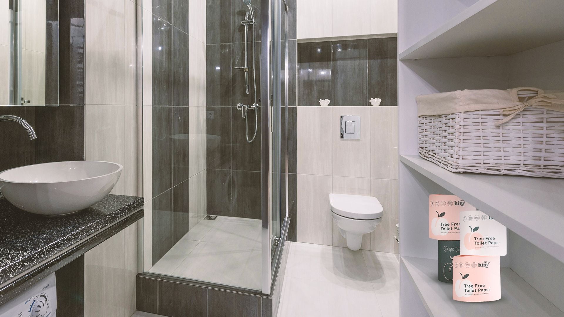 Neutral-toned bathroom with white toilet and natural fiber storage—ideal setting for plastic-free swaps like ecoHiny’s bamboo toilet paper