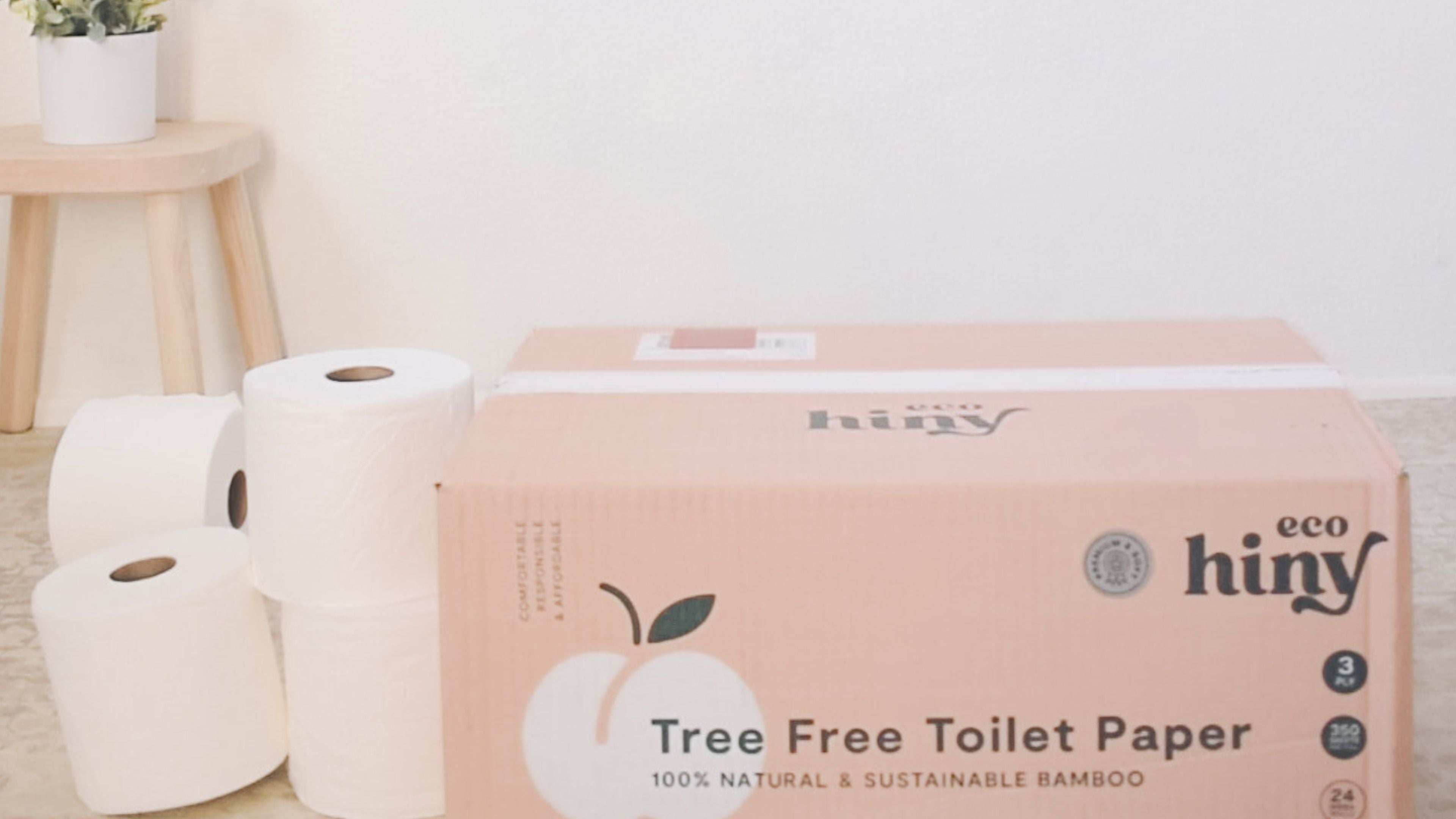 ecoHiny Tree-Free Toilet Paper box with bamboo rolls stacked beside it – 100% natural, sustainable 3-ply bamboo toilet paper.