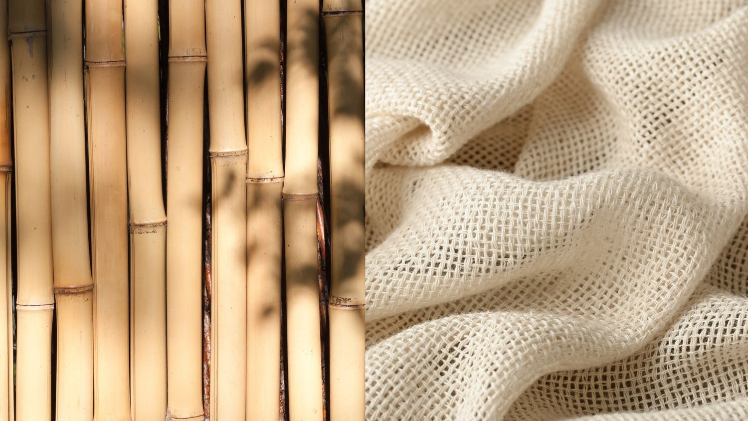 Side-by-side close-up of bamboo stalks and woven hemp fabric, representing raw materials used in sustainable paper production.