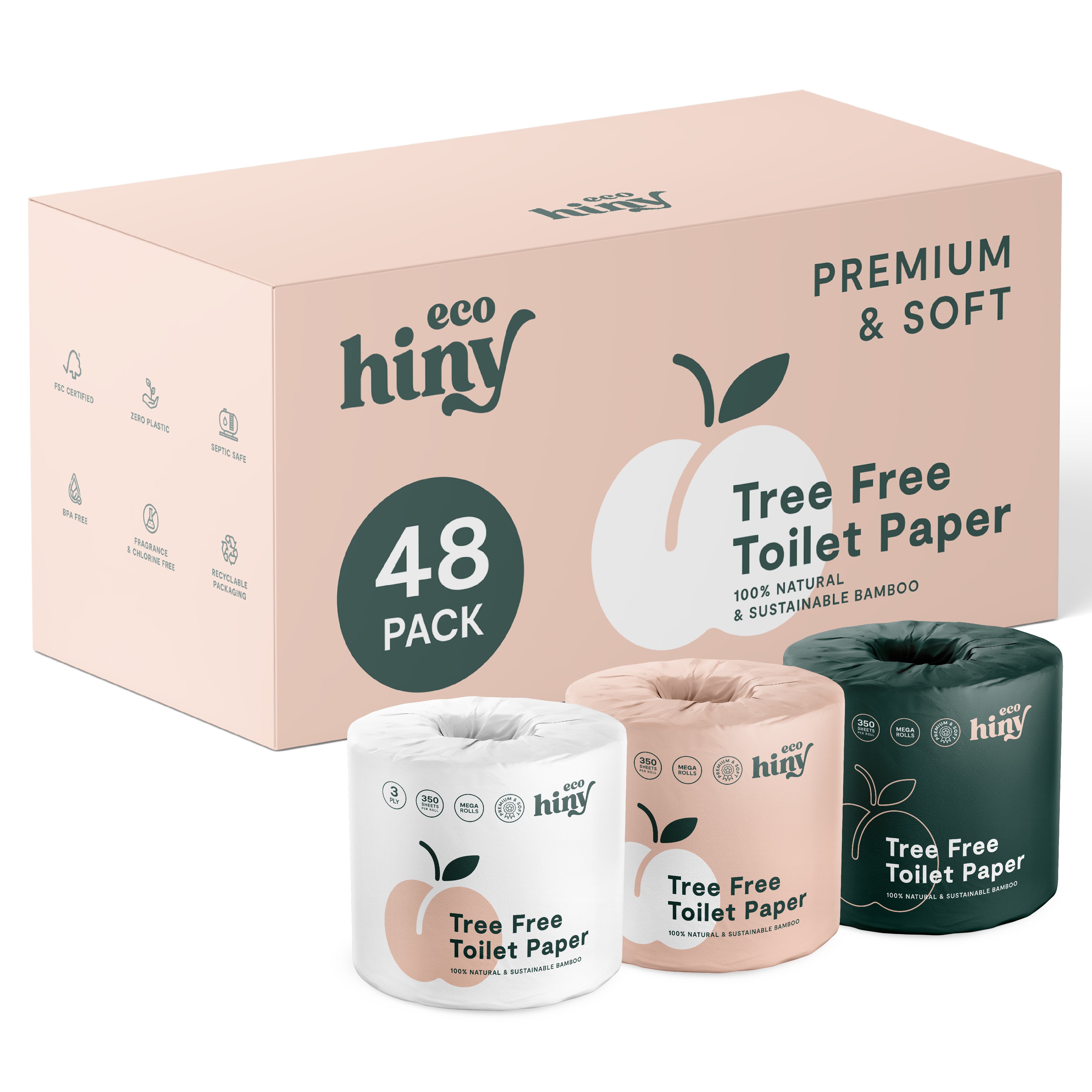 Tiboo Premium 3-Ply Bamboo Toilet Tissue – 48 Double-Length Rolls, Unbleached, Naked (No Wrapping)